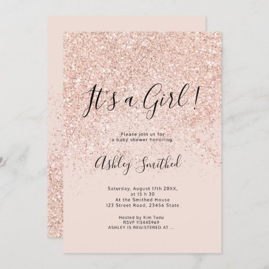 Roos goudglitter speurt roze baby shower kaart (Voorkant / Achterkant)