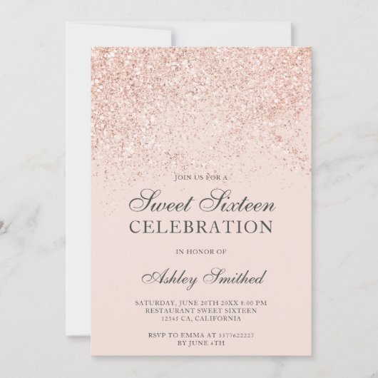 Roos goudglitter spint zestien kaart (Voorkant)