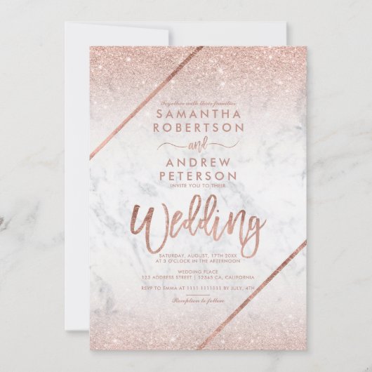 Roos goudglitter-typografie marmering bruiloft kaart (Voorkant)