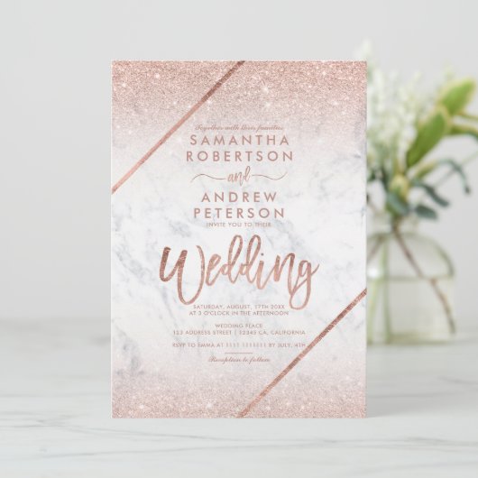 Roos goudglitter-typografie marmering bruiloft kaart (Staand voorkant)