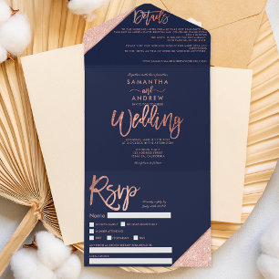 Roos goudglitter typografie navy blue bruiloft all in one uitnodiging