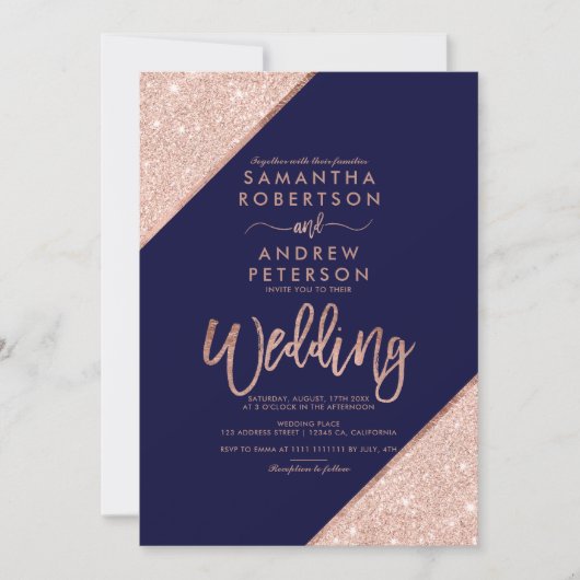 Roos goudglitter typografie navy blue bruiloft kaart (Voorkant)