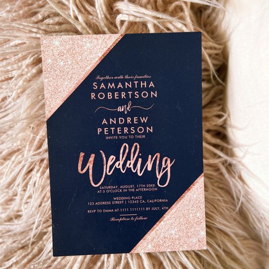 Roos goudglitter typografie navy blue bruiloft kaart