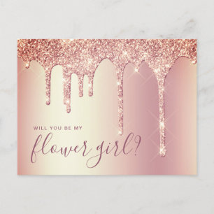 Roos goudglitterdruppels zijn mijn bloemmeisje uitnodiging briefkaart