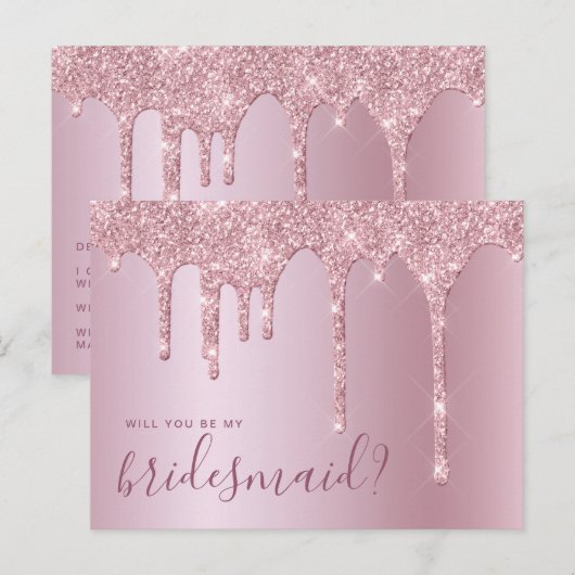 Roos goudglitterdruppels zijn mijn bruidsmeisje uitnodiging briefkaart (Voorkant / Achterkant)