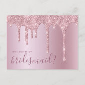 Roos goudglitterdruppels zijn mijn bruidsmeisje uitnodiging briefkaart (Voorkant)