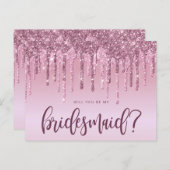 Roos goudglitterdruppels zijn mijn bruidsmeisje uitnodiging briefkaart (Voorkant / Achterkant)