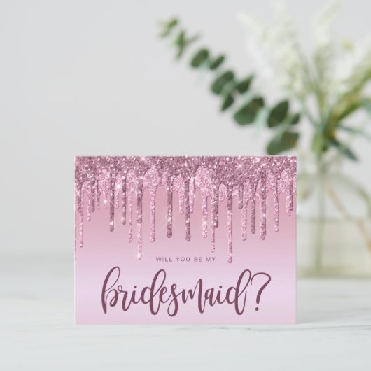 Roos goudglitterdruppels zijn mijn bruidsmeisje uitnodiging briefkaart (Staand voorkant)