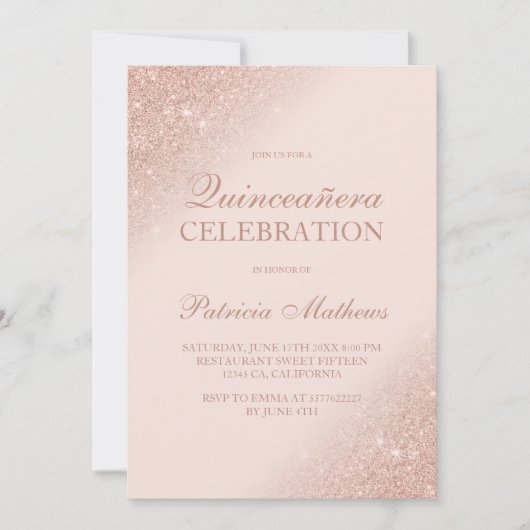 Roos goudglitterscript zwart roze Quinceanera Kaart (Voorkant)