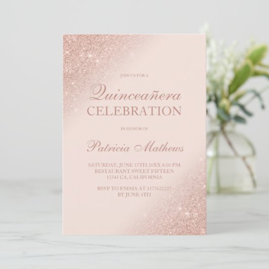 Roos goudglitterscript zwart roze Quinceanera Kaart (Staand voorkant)
