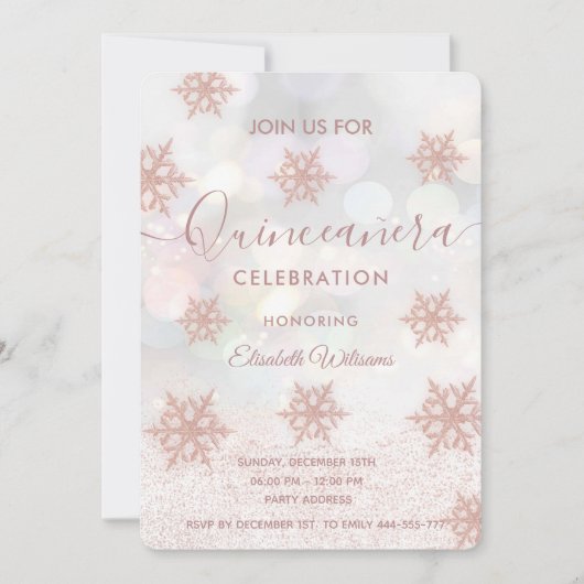 Roos goudglittersneeuwvlok Quinceañera Kaart (Voorkant)