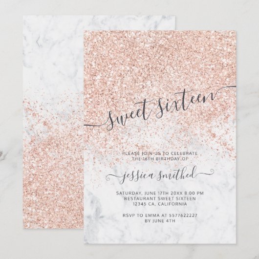 Roos goudglittertypografie marmer Sweet 16 Kaart (Voorkant / Achterkant)