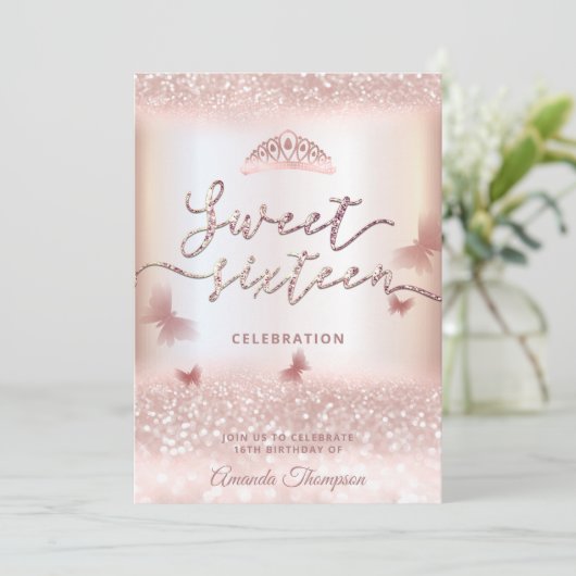 Roos goudglittervlinder tiara kalligrafie in kaart (Staand voorkant)