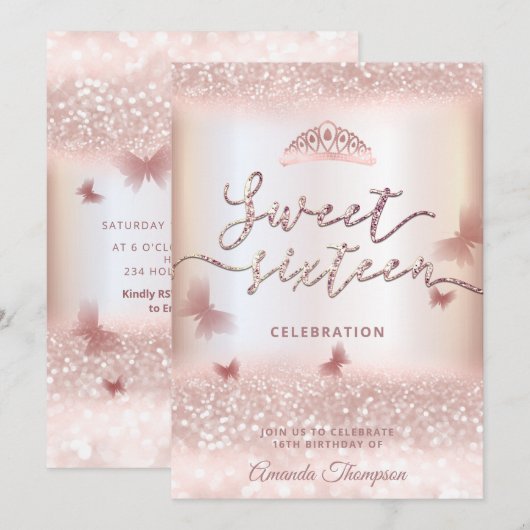 Roos goudglittervlinder tiara kalligrafie in kaart (Voorkant / Achterkant)