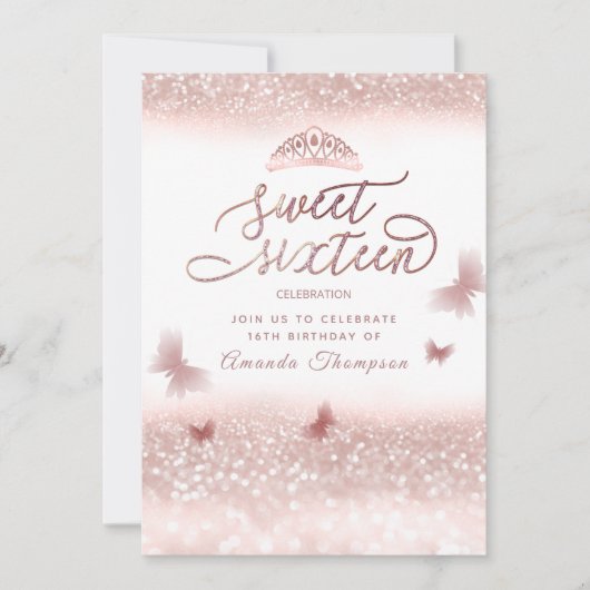 Roos goudglittervlinderkalligrafie kaart (Voorkant)