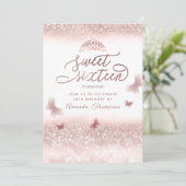 Roos goudglittervlinderkalligrafie kaart (Staand voorkant)