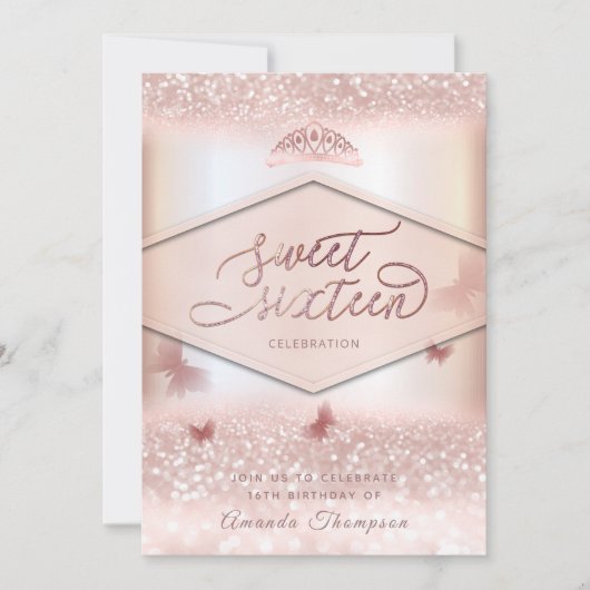 Roos goudglittervlinderkalligrafie kaart (Voorkant)