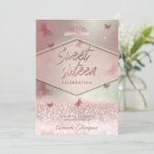 Roos goudglittervlinderkalligrafie kaart (Staand voorkant)