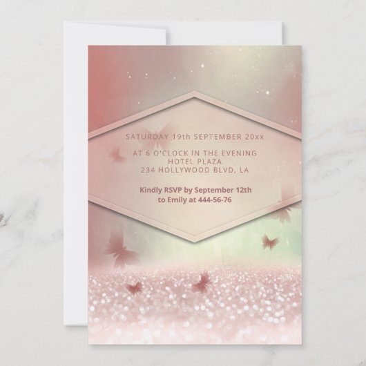 Roos goudglittervlinderkalligrafie kaart (Achterkant)