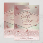 Roos goudglittervlinderkalligrafie kaart (Voorkant / Achterkant)