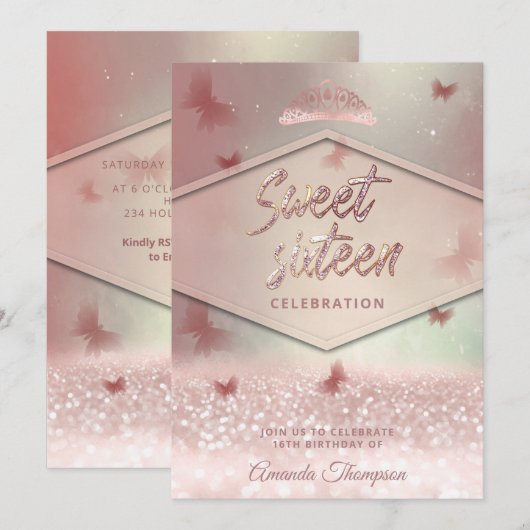 Roos goudglittervlinderkalligrafie kaart (Voorkant / Achterkant)