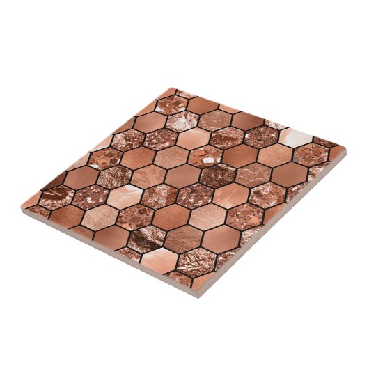 Roos goudhexaglam tegeltje (Zijkant)