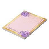 Roos goudhoudende paarse floraals notitieblok (Linkerzijde)