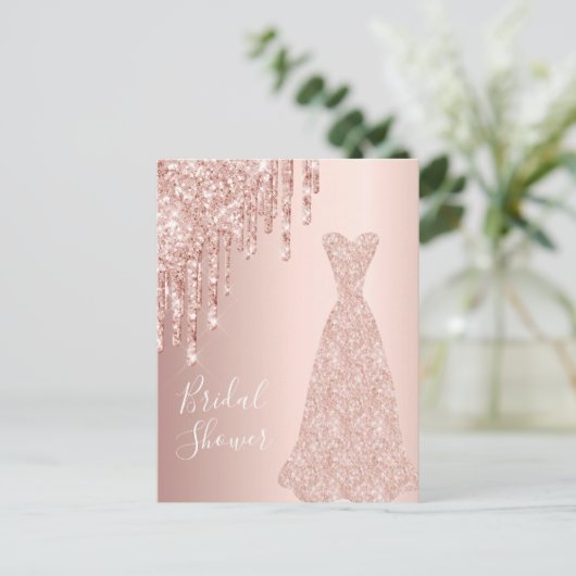 Roos goudjurk glitter bruid douche uitnodiging (Staand voorkant)