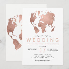 Roos goudkleurige wereldkaart bruiloft kaart