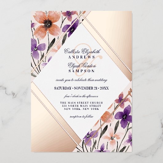 Roos goudkoraal Violet Flower Waterverf Weddenscha Folie Uitnodiging (Voorkant)