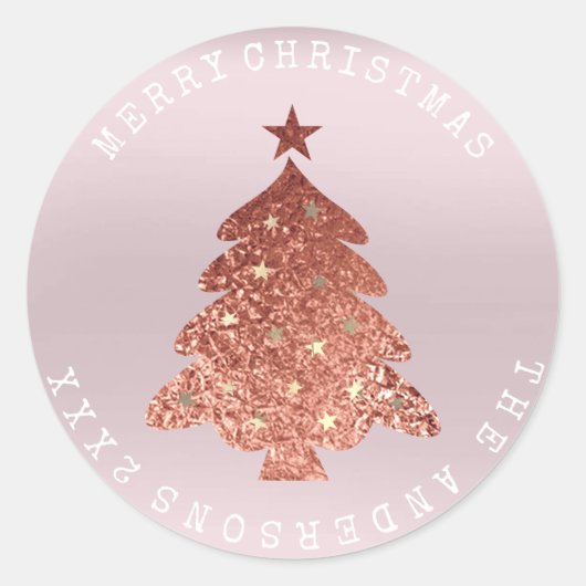 Roos goudlavendeeg met prettige kerstbomen ronde sticker (Voorkant)