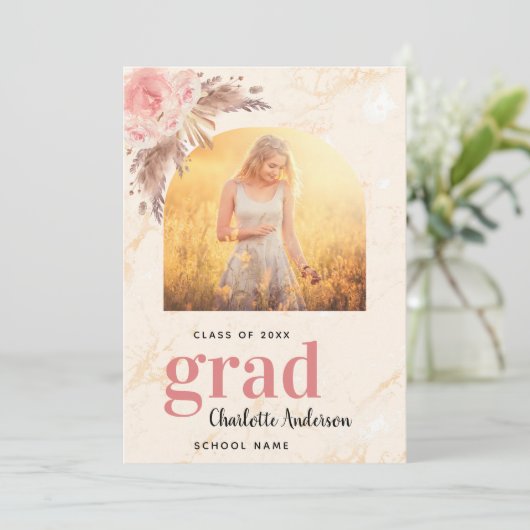 Roos goudmarmer afstuderen aankondiging (Staand voorkant)