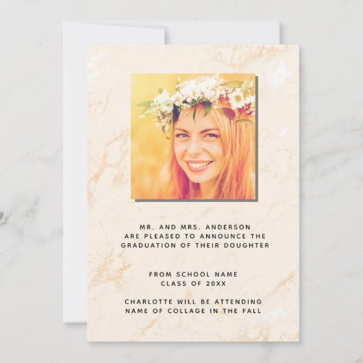 Roos goudmarmer afstuderen aankondiging (Achterkant)