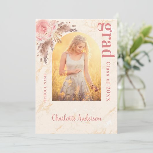 Roos goudmarmer afstuderen aankondiging (Staand voorkant)