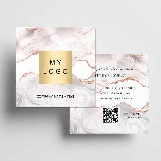 Roos goudmarmer agate logo QR-code elegant Vierkante Visitekaartje