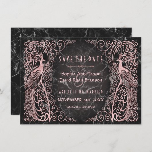 Roos goudmarmer Art Deco Peacocks sparen de datum Save The Date (Voorkant / Achterkant)