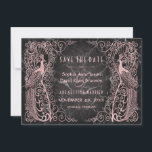 Roos goudmarmer Art Deco Peacocks sparen de datum Save The Date<br><div class="desc">Uniek ontwerp met een combinatie van oude,  op wereldschaal gebezigde,  gouden roos-decopauzes en een gedurfde,  moderne grafische aanpak op een zwarte marmerachtergrond. Het gebruik past hulpmiddel aan om uw info toe te voegen. Ga voor overeenkomende objecten naar mijn Roos Gold Marble Art Deco Peacocks Collectie.</div>