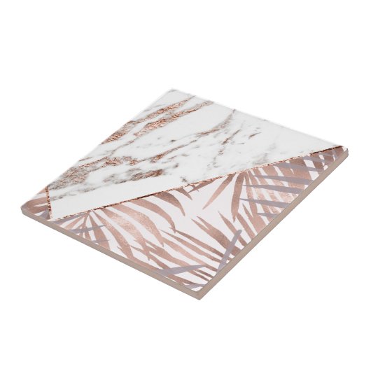 Roos goudmarmer en tropische ferns tegeltje (Zijkant)