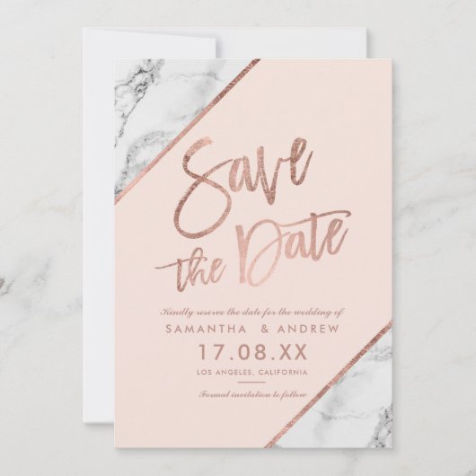 Roos goudmarmer met roze knipperlicht, met als eni save the date (Voorkant)