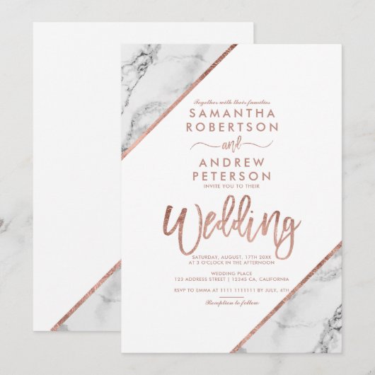 Roos goudmarmer, witte bruiloft kaart (Voorkant / Achterkant)