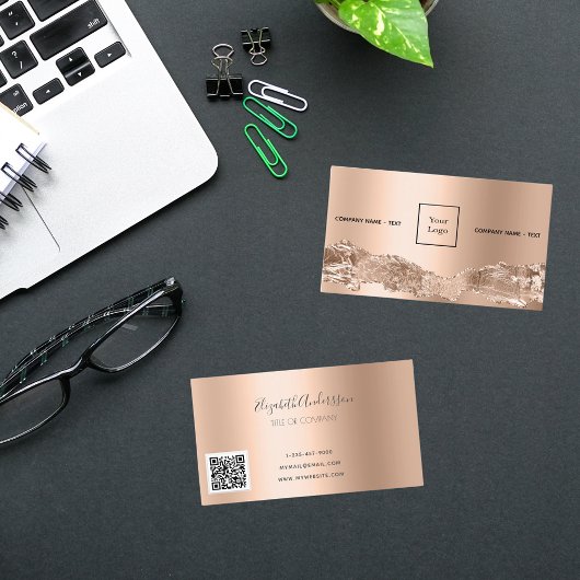 Roos goudmetaal, marmer logo QR-code Visitekaartje