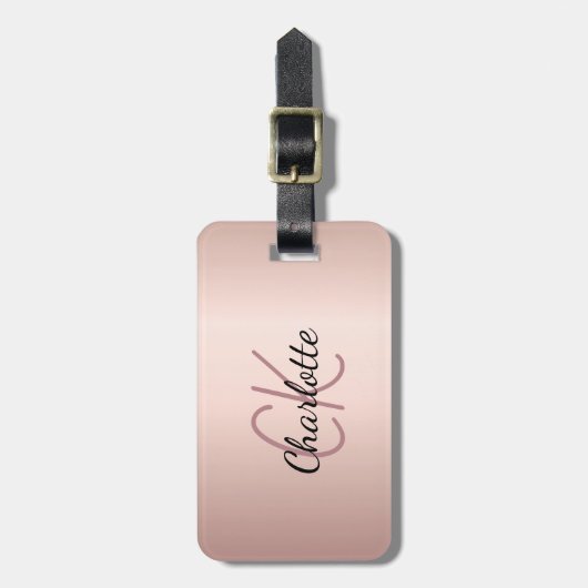 Roos goudmonogram initiaal bagagelabel (Voorkant verticaal)