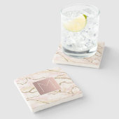 roos goudmonogram op roze marmer stenen onderzetter (Zijkant)