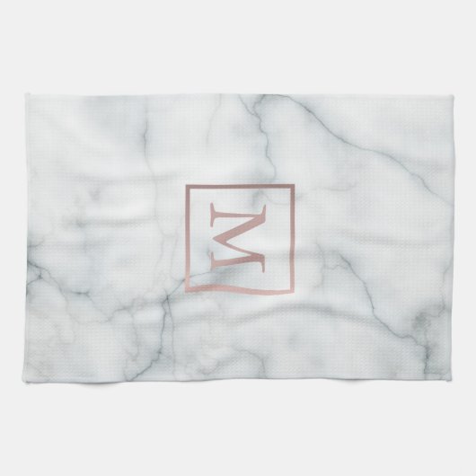 roos goudmonogram op witte marmer theedoek (Horizontaal)