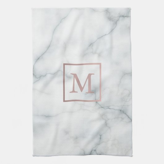 roos goudmonogram op witte marmer theedoek (Verticaal)