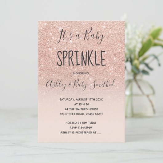 Roos goudnevel glitter roze ombre baby sprinkhaan kaart (Staand voorkant)