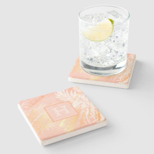 Roos goudpalmbladeren monogram stenen onderzetter (Zijkant)