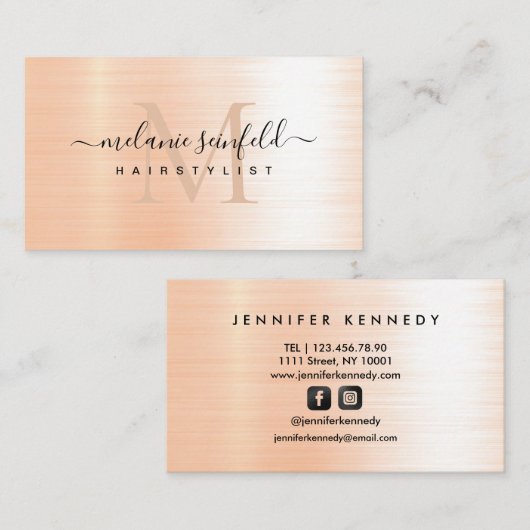 Roos goudpenseel Elegant Blush Monogram Visitekaartje (Voorkant / Achterkant)