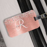 Roos goudpenseel Glitter Monogram Bagagelabel<br><div class="desc">Maak dit trendy bagagelabel met  zilveren mousserende glitter gemakkelijk aan te passen op een roos gouden geborstelde metalen achtergrond.</div>