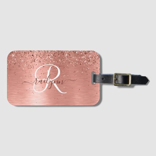 Roos goudpenseel Glitter Monogram Bagagelabel (Voorkant (horizontaal))